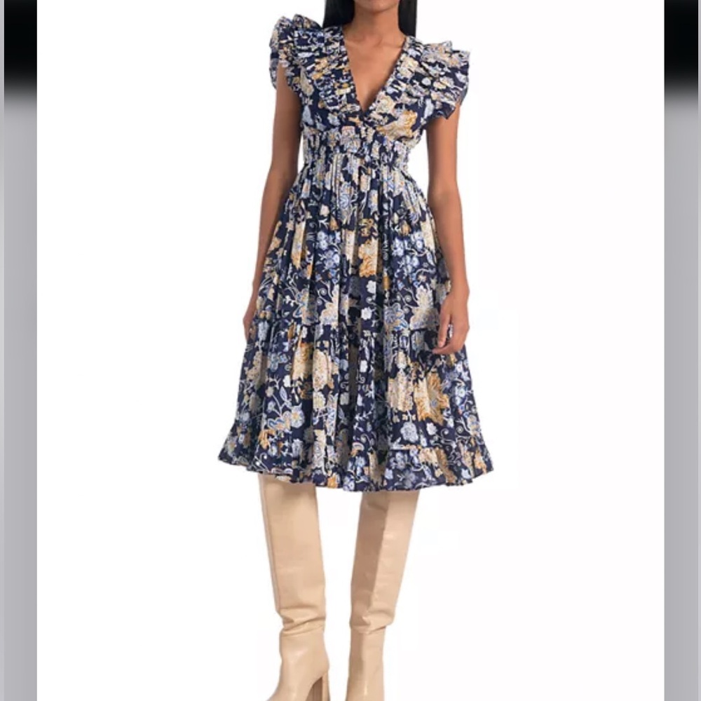 Elan Women’s cotton tiered floral printed ruffle dress blue botanical size M